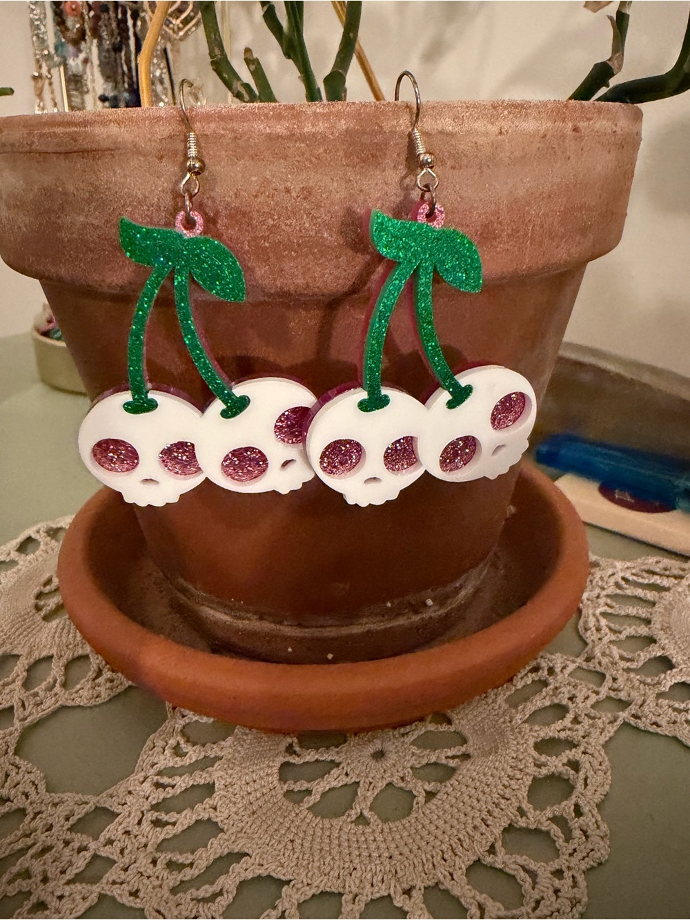 Green & Pink Glitter Cherry Skull Earrings